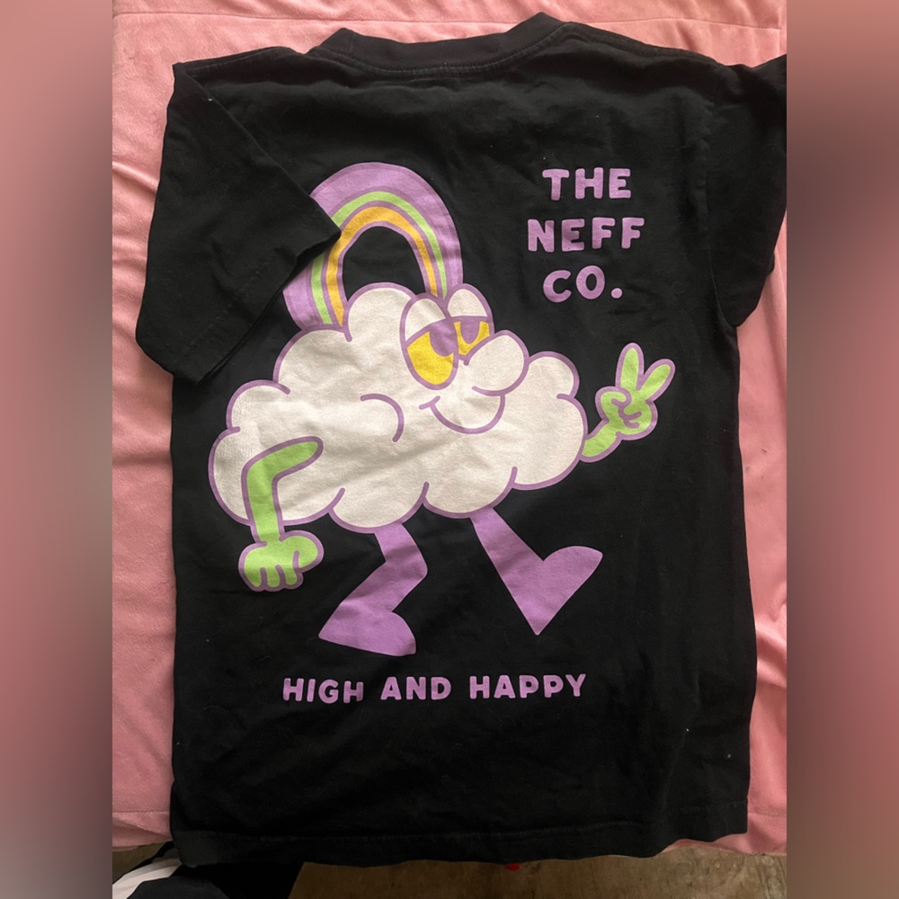 Neff Black Tee with Cloud and Rainbow Design